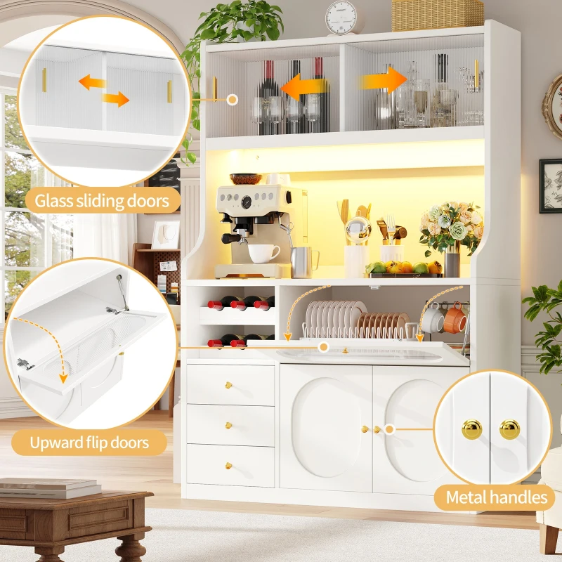 Tall Kitchen Cabinet with App-Controlled RGB LED and Glass Doors, Storage Unit with Wine Rack and 3 Drawers, 120L x 40W x 180H cm, White