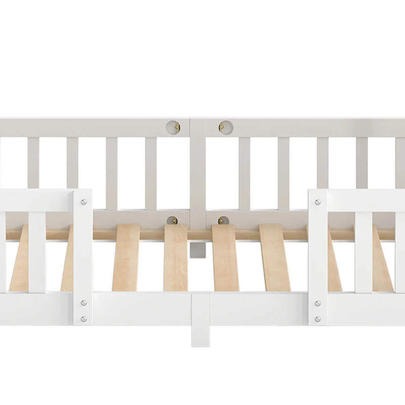 AIYAPLAY Wooden Kids House Single Bed Frame, Solid Pine Wood Toddler Bed with Dual Guardrails for Children, Boys, Girls, White
