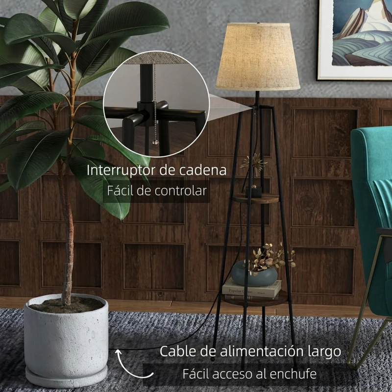 HOMCOM Lámpara de Pie con 2 Estantes de Almacenamiento con Base E27 40W Interruptor de Cadena Pantalla de Tela Marrón