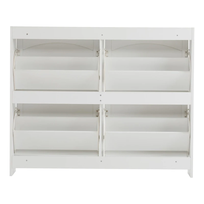 Modern Wooden Shoe Cabinet with 4 Flip Drawers and Open Shelves, Space-Saving Organiser Cupboard for Hallway, 110L x 24W x 90H cm, White