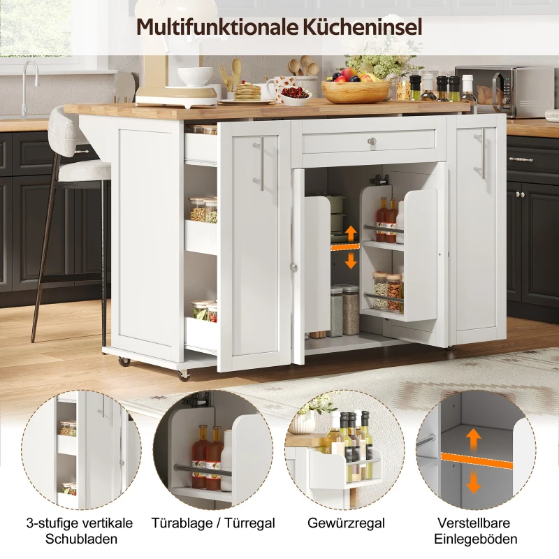 Mobile Kitchen Island with Foldable Countertop, Multifunctional Kitchen Cart with 3-Tier Drawers & Lockable Castors, 120L x 70W x 87H cm, White