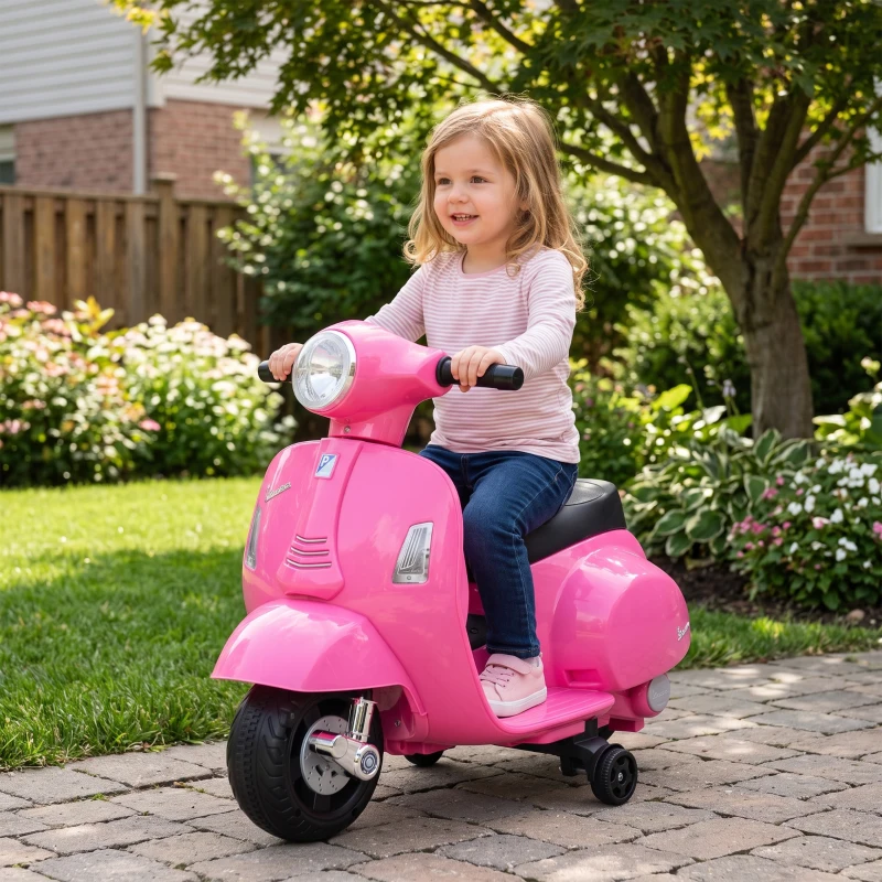 HOMCOM Mota Elétrica Infantil Vespa 6V com Farol, Buzina e Rodas Auxiliares para Crianças de 18-36 Meses Rosa 66,5x38x52 cm