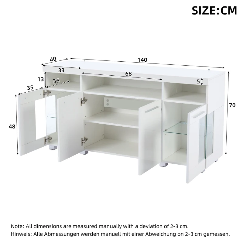 High-Gloss Sideboard with Bluetooth LED Lighting, Modern Storage Cabinet with 3-Tier Tempered Glass Shelves, 140L x 40W x 70H cm, White