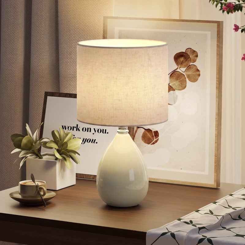 HOMCOM Candeeiro de Mesa Vintage com Base em Cerâmica, Abat-Jour em Linho e Interruptor Basculante, Creme