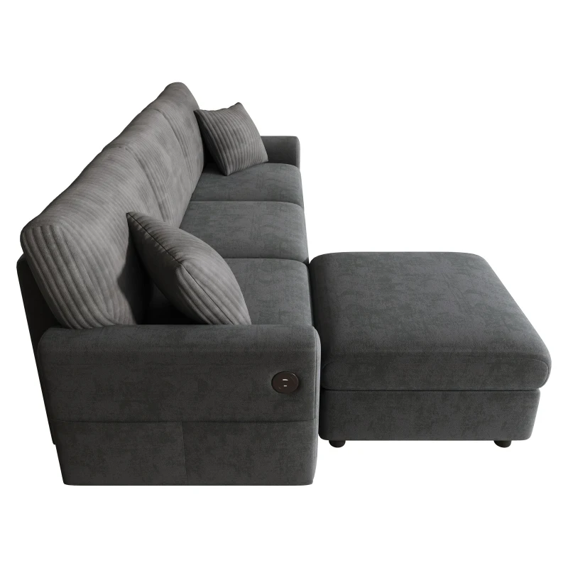 Modern Upholstered Sectional Sofa with USB Type-C Charging Ports, Soft Convertible Couch with 2 square cushions, 223L x 146W x 84H cm, Dark Grey