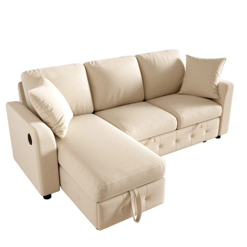 Modern Chenille L-Shaped Sectional Sofa with Reversible Storage Chaise, Soft Pull-Out Sleeper Couch with USB Ports, 200L x 130.5W x 83.5H cm, Beige