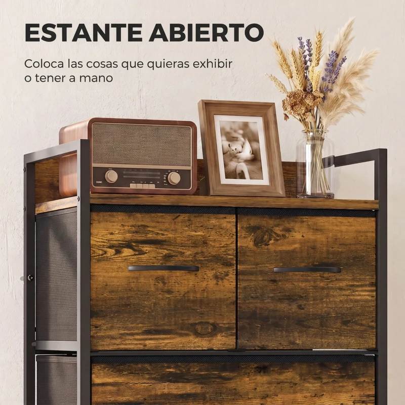 HOMCOM Cajonera de Tela con 4 Cajones Plegables y Marco de Acero Estilo Industrial para Salón 50x29x85 cm Marrón Rústico