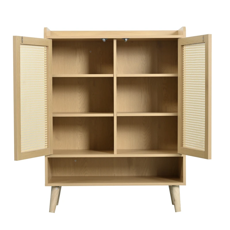 Modern Shoe Cabinet Storage Combo with 5-Tier Shelves, Freestanding Cupboard Organiser with Rattan Doors, 80L x 35W x 105H cm, Light Oak