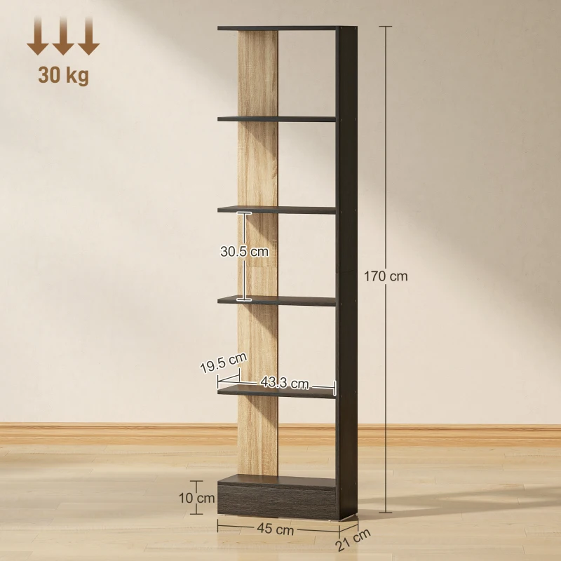 HOMCOM Bibliotecă Modernă cu 5 Rafturi din Lemn, 45 x 21 x 170 cm, Negru, Stejar