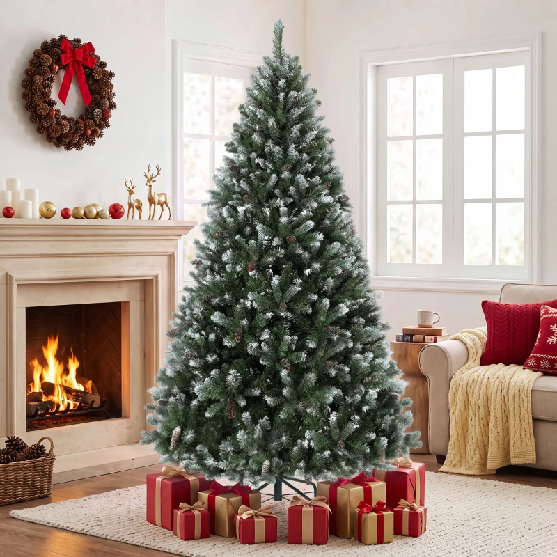 HOMCOM Árvore de Natal Artificial 210 cm com 1140 Pontas, Efeito de Neve, 75 Pinhas e Base Metálica Dobrável, Verde e Branco
