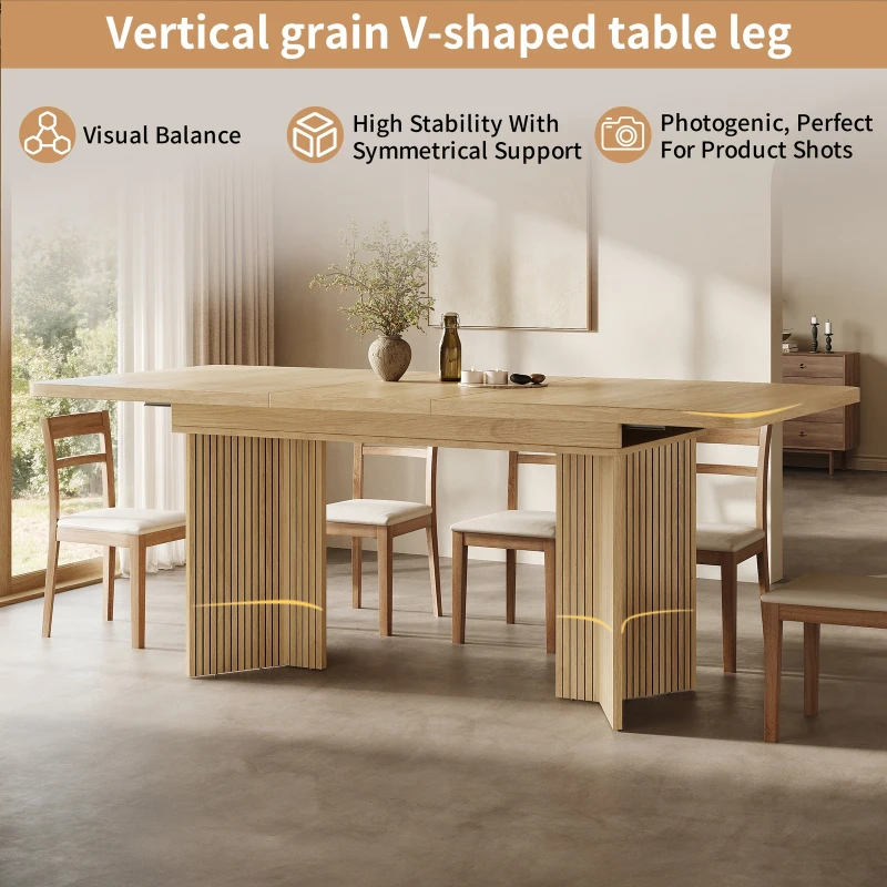 Extendable Dining Table with Grooved V-Shaped Legs, Space-Saving Dining Table for Flats and Family Meals, 120-160L x 80W x 76H cm, Natural