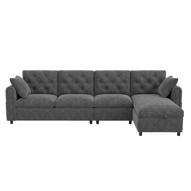 Modern Velvet L-Shaped Sectional Sofa with Reversible Storage Chaise and Tufted Back, Soft Corner Couch for Living Room, 281L x 132W x 86H cm, Grey