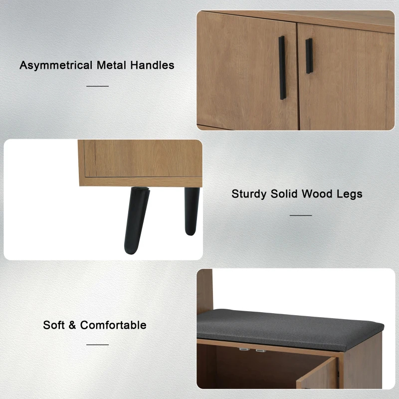 Modern Wooden Shoe Bench with Padded Cushioned Seat, Soft Shoe Storage Organiser with Adjustable Shelves, 100L x 34W x 69H cm, Natural