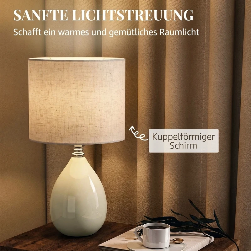 HOMCOM Tischlampe Tischleuchte, Vintage Nachttischlampe Schreibtischlampe mit Keramiksockel, Leinenschirm Kabel, E27 Fassung