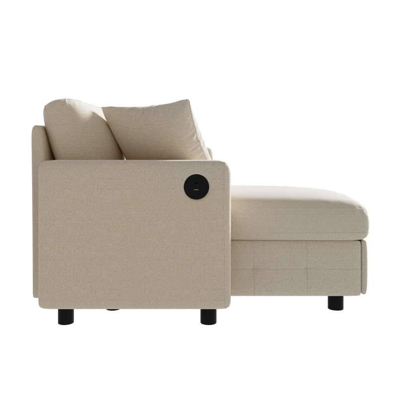 Modern Chenille L-Shaped Sectional Sofa with Reversible Storage Chaise, Soft Pull-Out Sleeper Couch with USB Ports, 200L x 130.5W x 83.5H cm, Beige