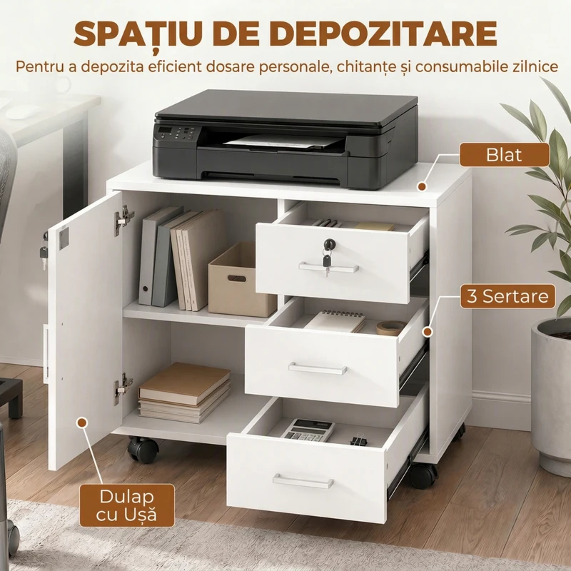 HOMCOM Dulap pentru birou cu 3 sertare și dulap cu 3 rafturi reglabile, din lemn, 60x40x56 cm, alb