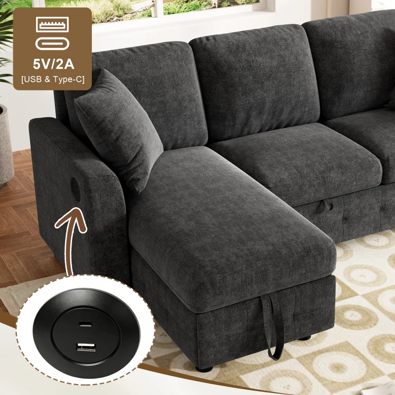 Modern Chenille L-Shaped Sectional Sofa with Storage Chaise Lounge, Soft Convertible Sleeper Couch with 2 Cushions, 200L x 130.5W x 83.5H cm, Gray