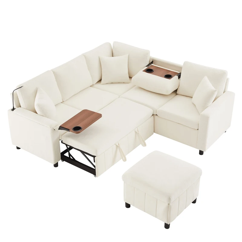 Modern Corner Sofa Bed with Reading Lamp and Fold-Out Cup Holder Table, Soft Pull-Out Sleeper Couch with Ottoman, 205L x 205W x 85H cm, Beige