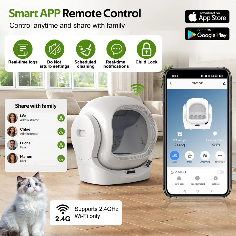 Self-Cleaning Cat Litter Box with App Control and 8L Waste Bin, Automatic Cat Litter Tray for One to Two Cats, 53L x 45.5W x 56.5H cm, White