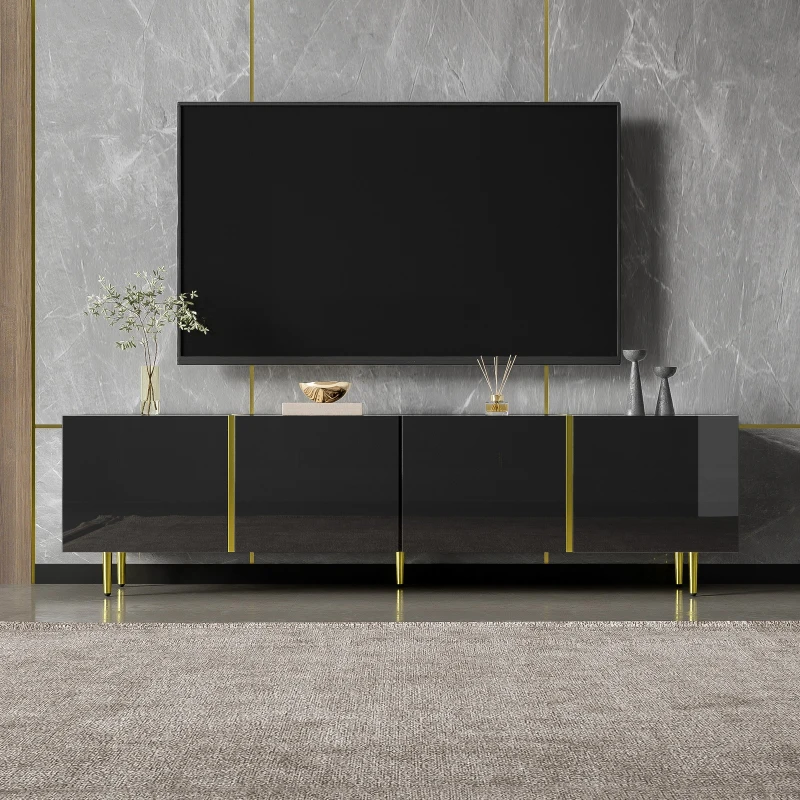 High-Gloss TV Cabinet with Four Soft-Close Doors, Modern Entertainment Stand for Living Room, 170L × 35W × 46H cm, Black+Gold