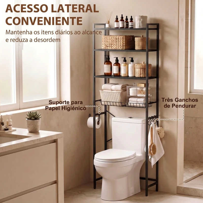 HOMCOM Móvel para Sanita de 3 Níveis com Porta-Rolos Prateleiras Ajustáveis Cesto Amovível e Ganchos Castanho Rústico