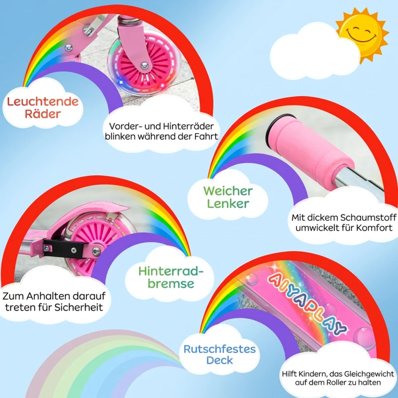 HOMCOM Kinderstep met led-wielen, 124 mm, inklapbaar en verstelbaar, met muziek en achterwielrem, roze