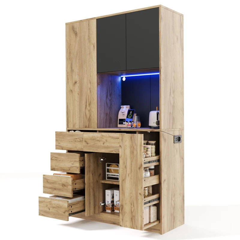 Modern Tall Kitchen Pantry Sideboard with 4-Tier Pull-Out Organiser, Freestanding Storage Cupboard with Power Outlets, 105L x 40W x 185H cm, Black