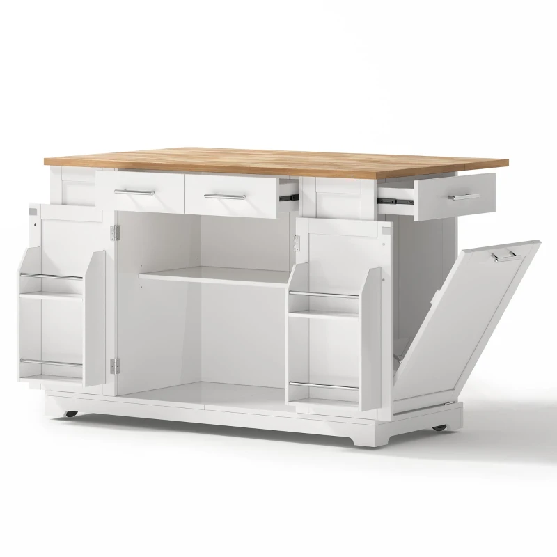 Modern Rolling Kitchen Island Trolley with Woodgrain Worktop, Mobile Storage Cart Unit with Pull-Out Bin Compartment, 138L x 86W x 92H cm, White