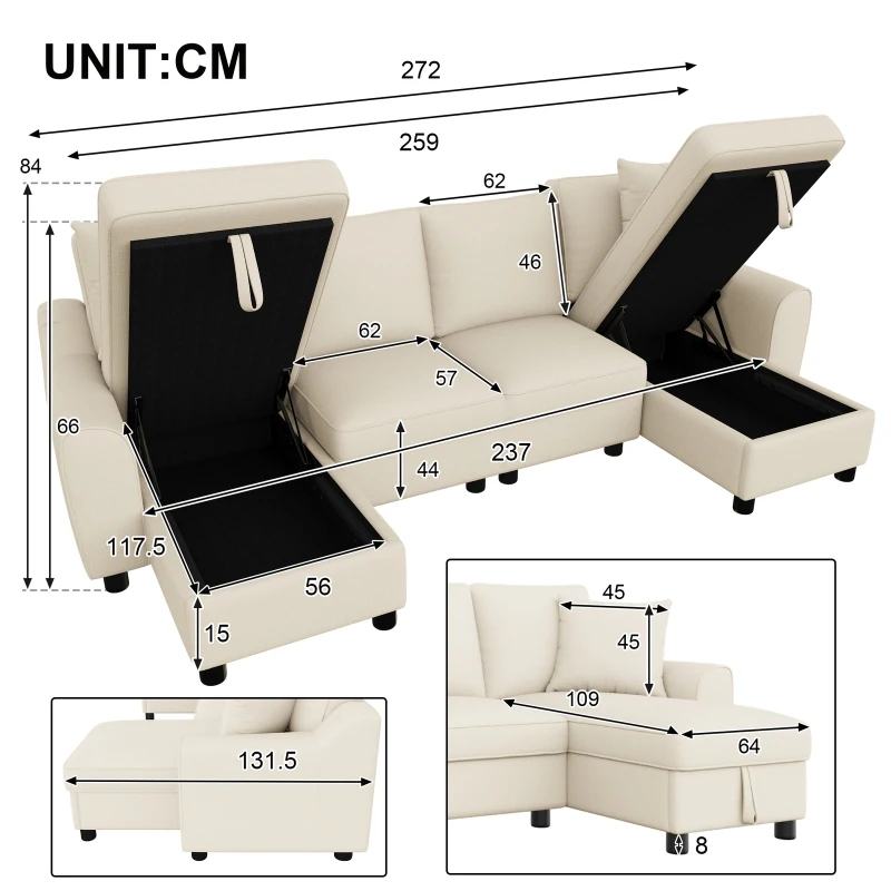 Modern Chenille U-Shaped Sectional Sofa with 2 Storage Chaise Lounges, Soft Convertible Couch with 2 Square Cushions, 272L x 131.5W x 84H cm, Beige