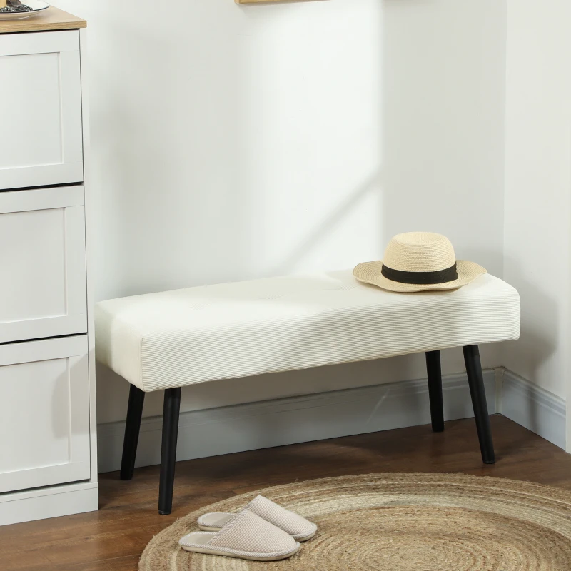 HOMCOM Banco Pie de Cama Tapizado en Pana con Asiento Acolchado Diseño Capitoné y Patas de Acero para Dormitorio Blanco Crema