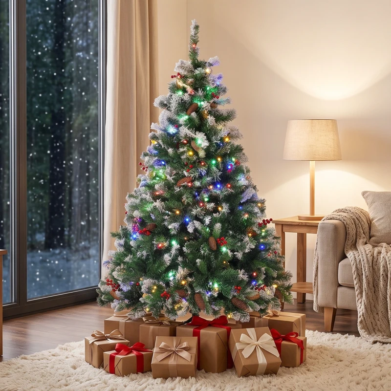 HOMCOM Sapin de Noël Artificiel Lumineux et Enneigé 120cm, Arbre de Noël, Télécommande, 11 Modes d'Éclairage, 150 LED, Vert