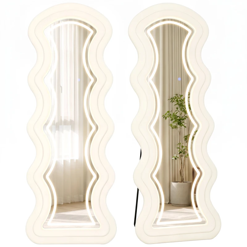 HOMCOM Miroir Pleine Longueur Ondulé 160 x 60 cm, LED 3 Couleurs, Cadre Effet Velours, Verre Trempé HD, Crème