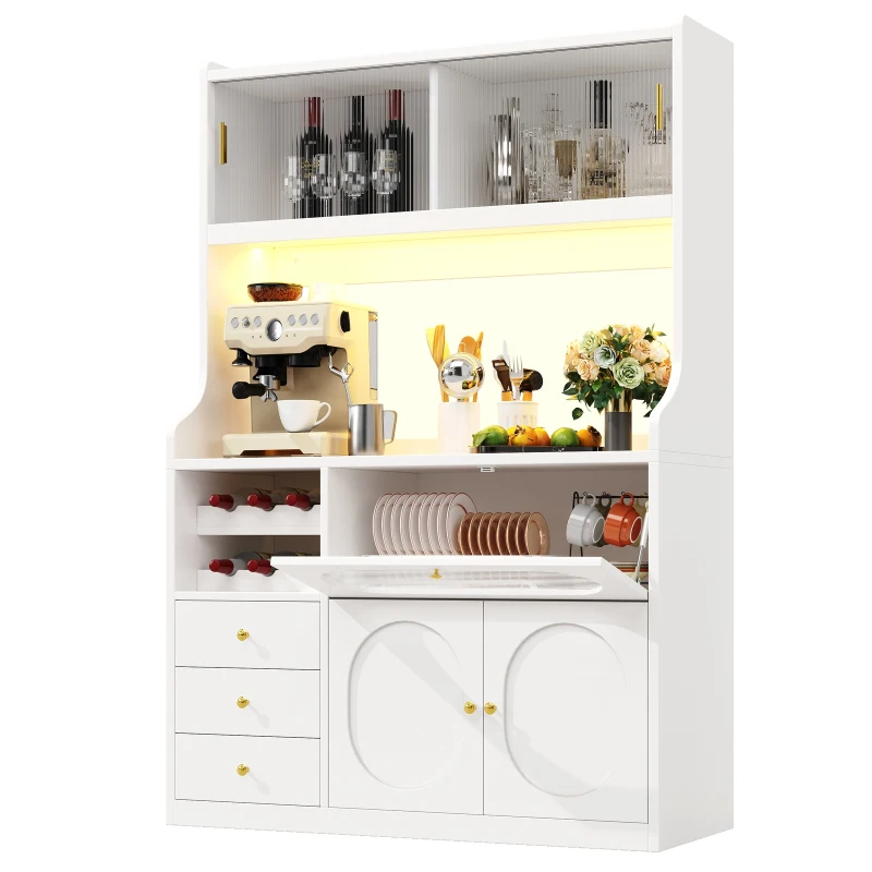 Tall Kitchen Cabinet with App-Controlled RGB LED and Glass Doors, Storage Unit with Wine Rack and 3 Drawers, 120L x 40W x 180H cm, White