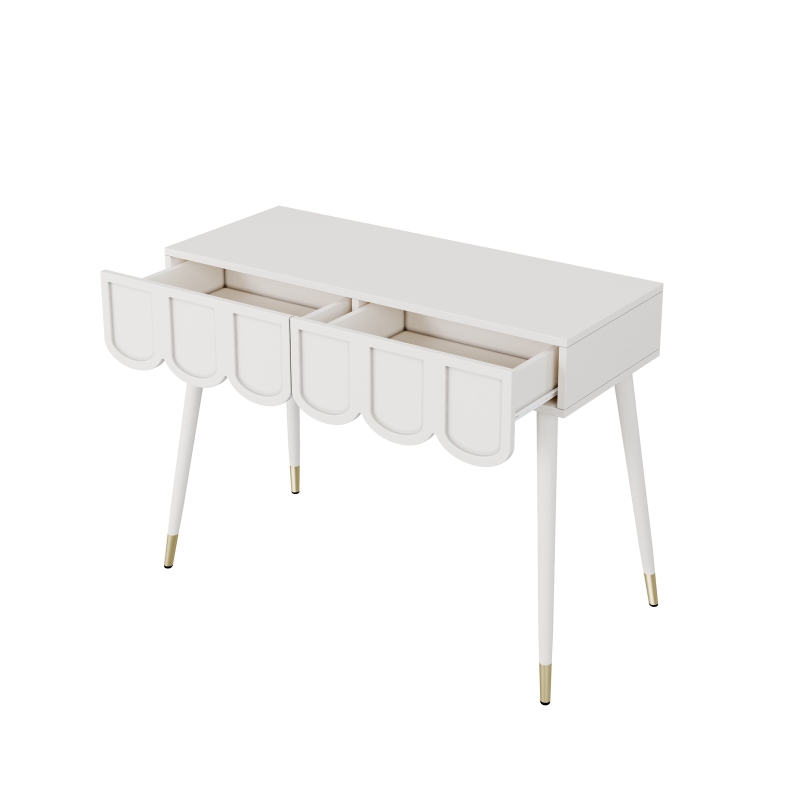 Modern Wooden Vanity Desk with 2 Cloud-Shaped Drawers, Multi-Functional Dressing Console Table with Metal Legs, 100L x 40W x 76H cm, White