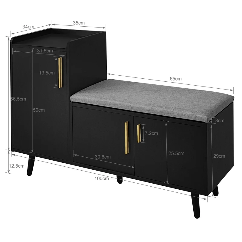 Modern Entryway Shoe Bench Storage Cabinet with Adjustable Shelves, Soft Storage Organiser Unit with Metal Handles, 100L x 34W x 69H cm, Black