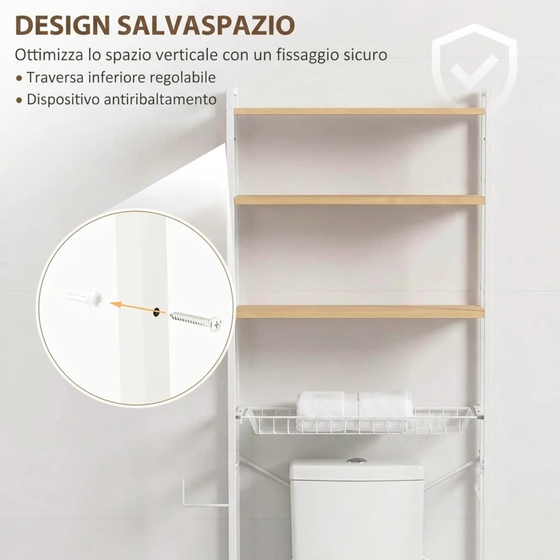 HOMCOM Mobile Sopra WC, Scaffale Salvaspazio 3 Ripiani, Rovere e Bianco