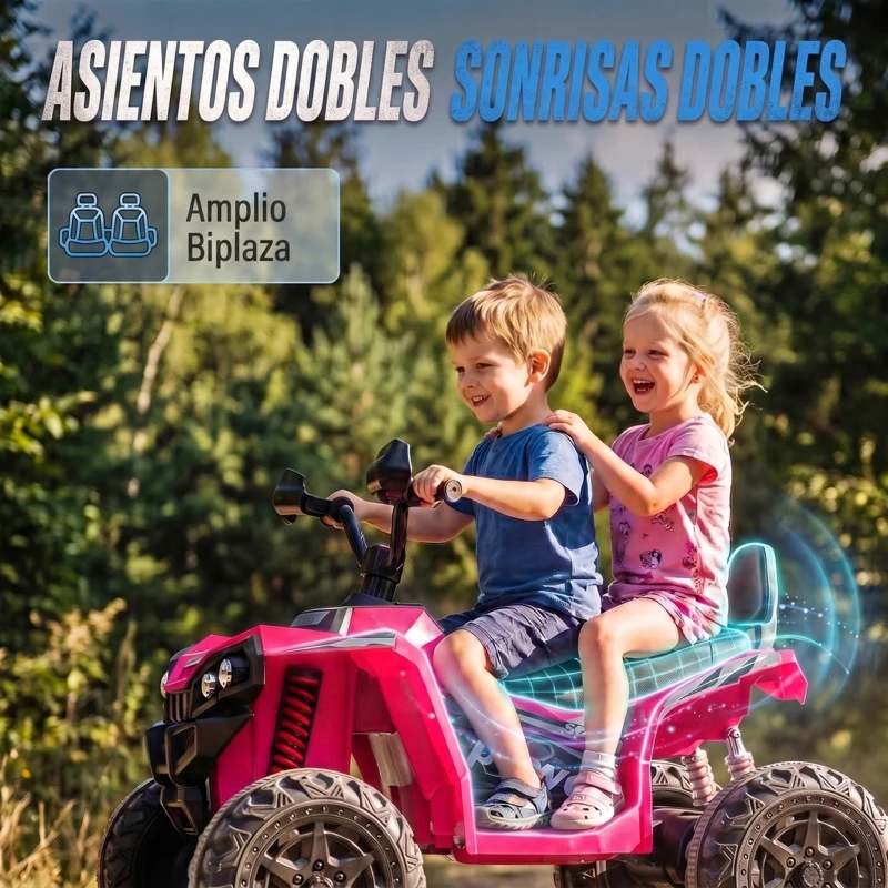 AIYAPLAY Quad Eléctrico Niños 24V 2 Plazas 2 Motores 120 W Batería de Litio Suspensión Arranque Suave 4-6 km/h 3-8 Años Rosa