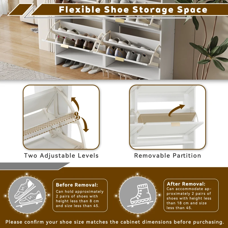 Modern Wooden Shoe Cabinet with 4 Flip Drawers and Open Shelves, Space-Saving Organiser Cupboard for Hallway, 110L x 24W x 90H cm, White