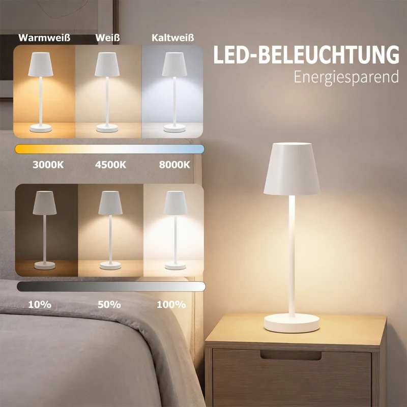 HOMCOM Aufladbare USB-Tischleuchte mit 3 Lichtfarben, Tragbare USB-Nachttischlampe mit Touch-Schalter, Metall, Weiß