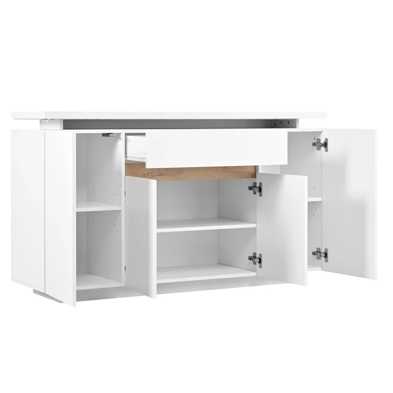 Modern LED Sideboard with 4 Doors and Large Drawer, Freestanding Buffet Cupboard for Living Room, 140L x 40W x 80H cm, White+Natural