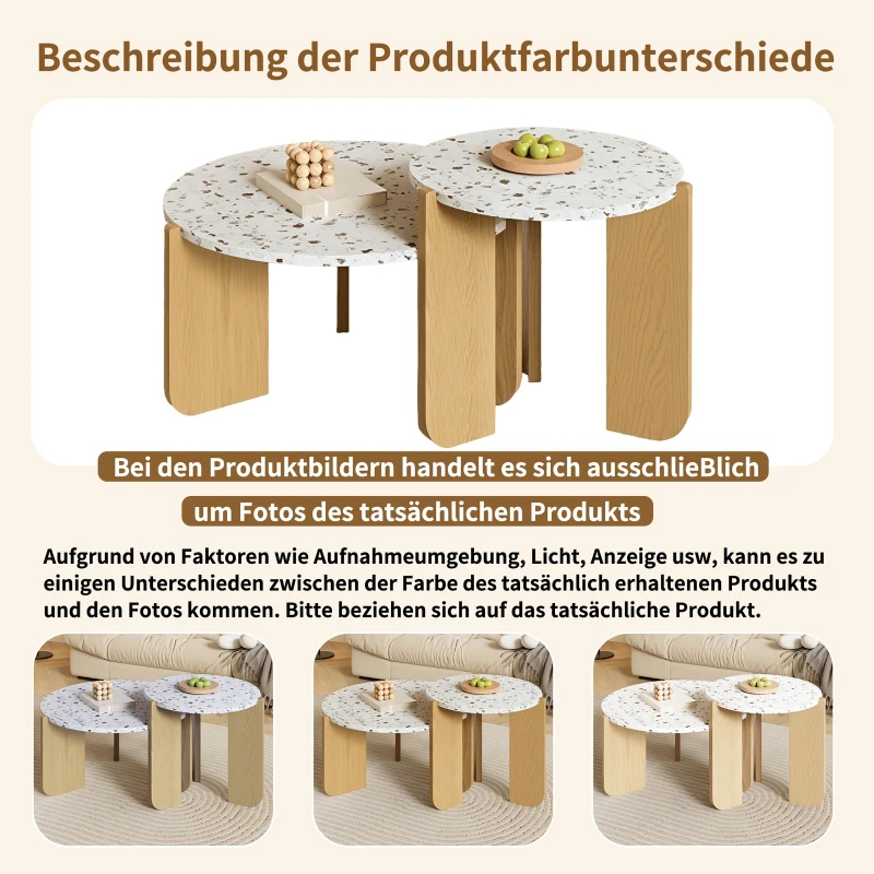 Modern 2-Piece Nesting Coffee Table Set with Patterned Tabletops, Side Tables for Living Room, 70L x 70W x 35H cm, White and Wood