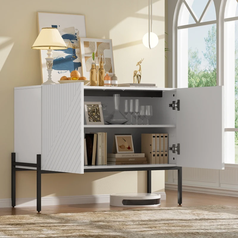 Modern Wooden Sideboard Storage Cabinet with 2 Doors, Freestanding Buffet Cupboard with Raised Metal Legs, 100L x 40W x 75H cm, White