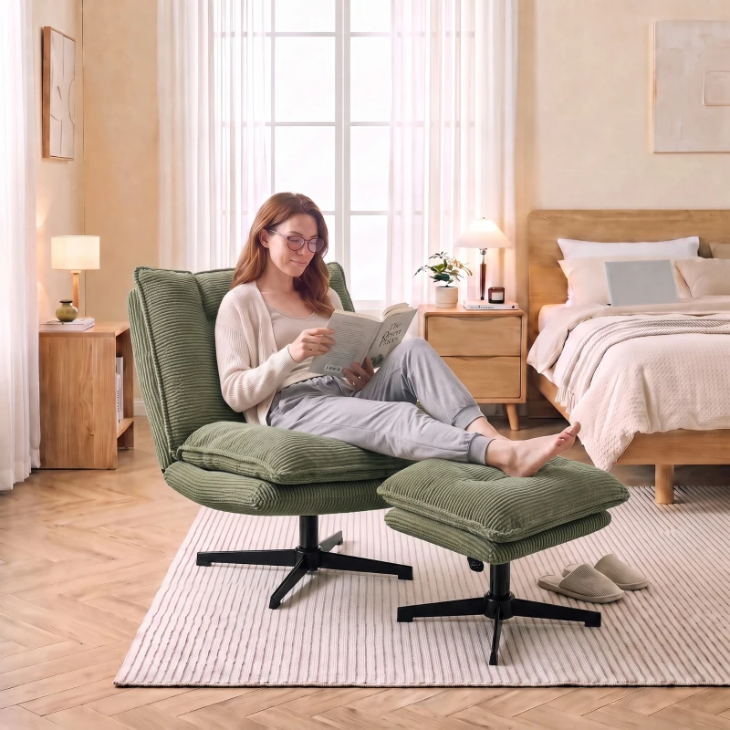 HOMCOM Loungesessel mit Hocker, 360° drehbar, Cordbezug, höhenverstellbare Fußstütze, Grün