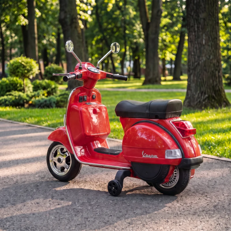 AIYAPLAY Moto Eléctrica Niños 12V Vespa PX150 Ruedas Auxiliares 2 Motores Suspensión Trasera Música Faros 3 km/h 3-6 Años Rojo