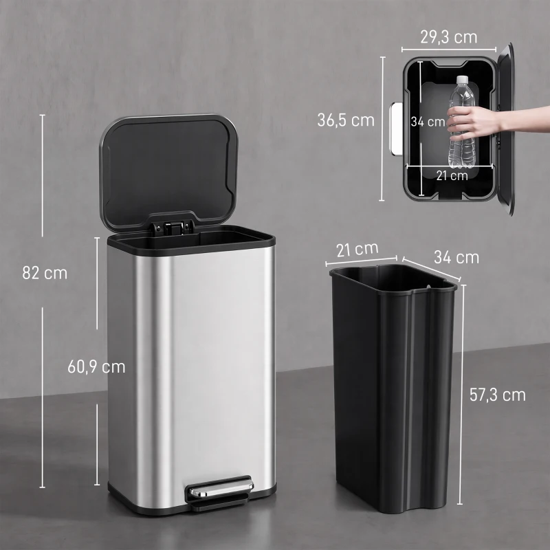 HOMCOM Papelera de cocina rectangular 30L en acero inoxidable, cierre amortiguado, cubo interior extraíble, Plata