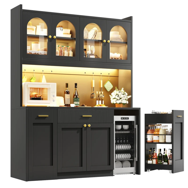 Kitchen Cabinet with App-Controlled RGB LED and Glass Display, Storage Cabinet with Roll-Out Shelves and Drawers, 120L x 40W x 187H cm, Black