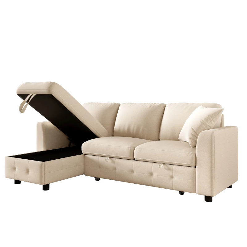 Modern Chenille L-Shaped Sectional Sofa with Reversible Storage Chaise, Soft Pull-Out Sleeper Couch with USB Ports, 200L x 130.5W x 83.5H cm, Beige