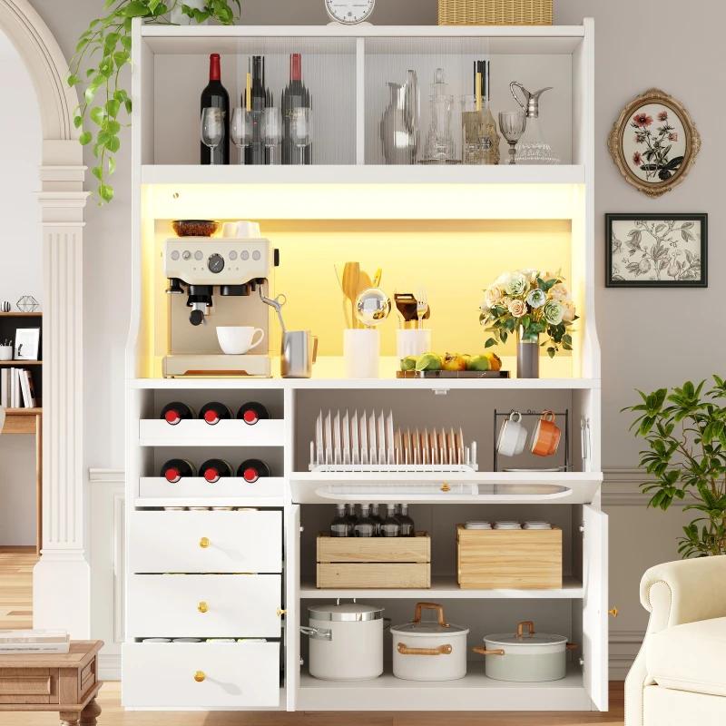 Tall Kitchen Cabinet with App-Controlled RGB LED and Glass Doors, Storage Unit with Wine Rack and 3 Drawers, 120L x 40W x 180H cm, White