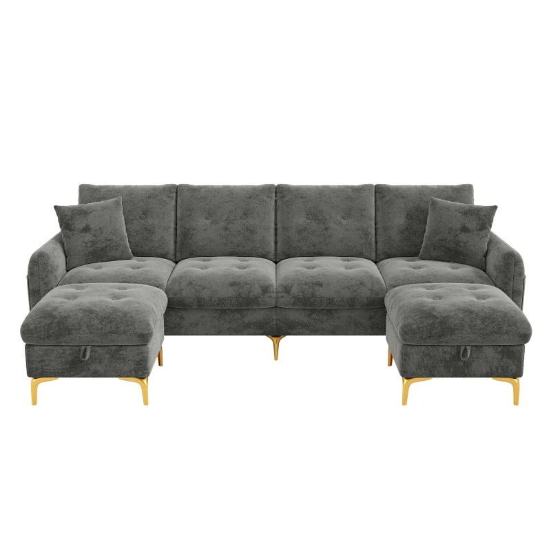 Modern U-Shaped Modular Sleeper Sofa with 2 Storage Ottomans, Soft Convertible Couch with 2 Decorative Cushions, 263L x 137W x 85H cm, Gray