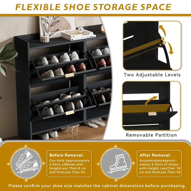 Modern Wooden Shoe Cabinet with 4 Flip Drawers, Space-Saving Storage Organiser with Side Umbrella Hooks, 110L x 24W x 90H cm, Black